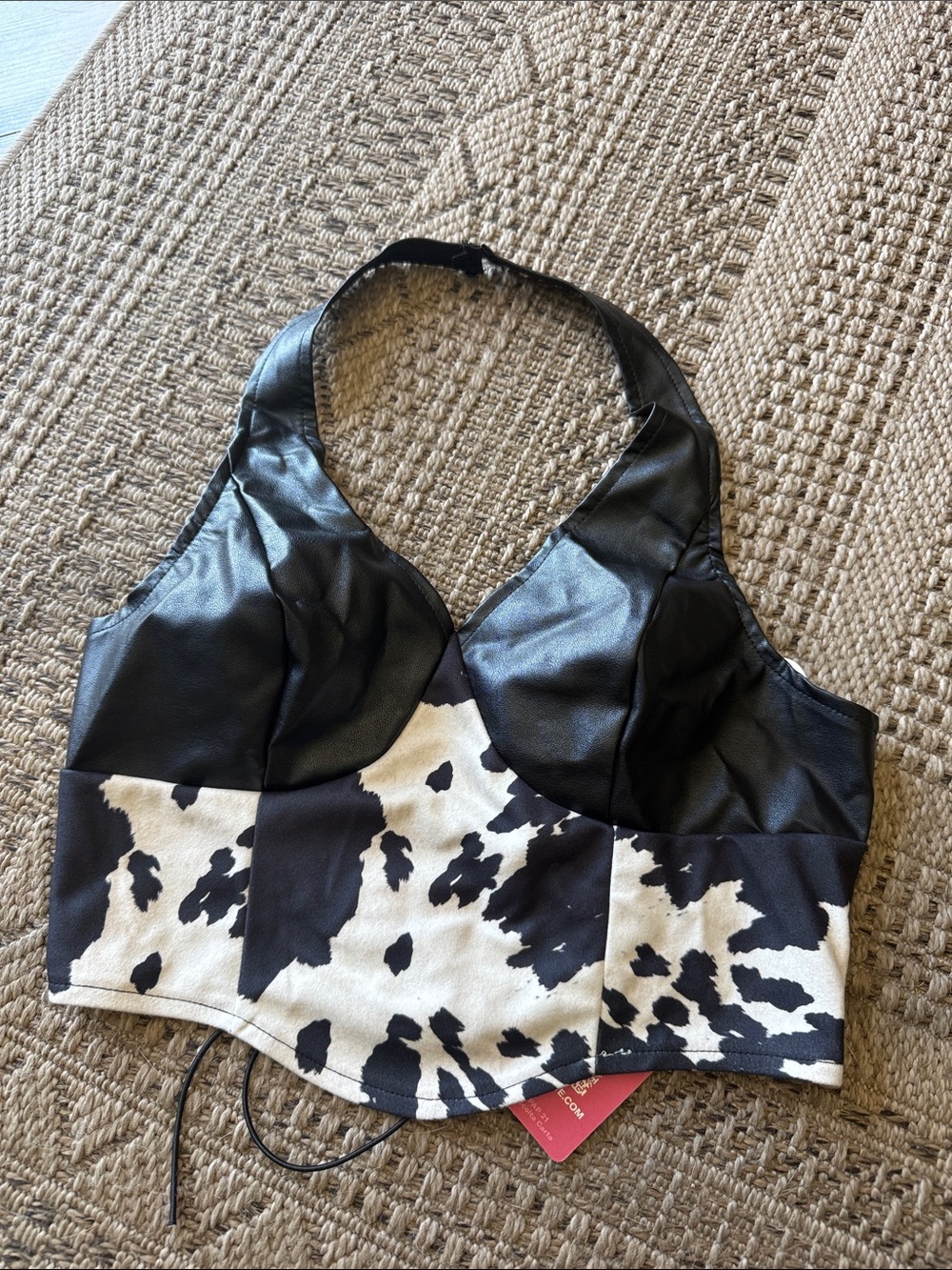 ROMWE Black Faux Leather Halter Crop Top with Black & White Cow Print